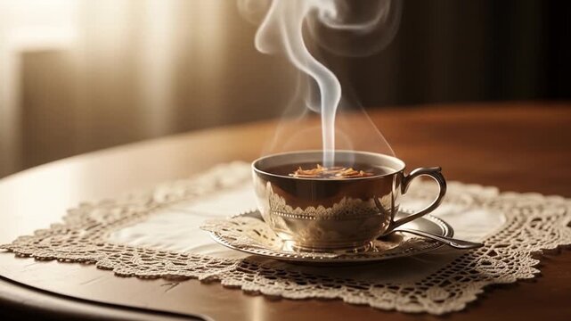 Steaming Cup of Aromatic Tea on Vintage Doily