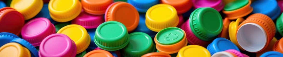 Colorful plastic bottle caps ready for recycling, close-up view, close-up, lids
