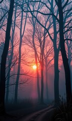 Crimson dawn breaks through a mist-shrouded woodland, painting ancient trees in ethereal light, light, mist