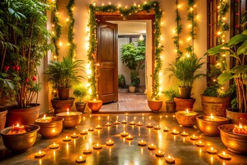 Warm glow of traditional indian oil lamps and decorative string lights illuminating a home entrance during a festive celebration like diwali