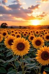Obraz premium Golden sunflowers bathed in warm sunset light, a vibrant field ablaze with color, agriculture, vast