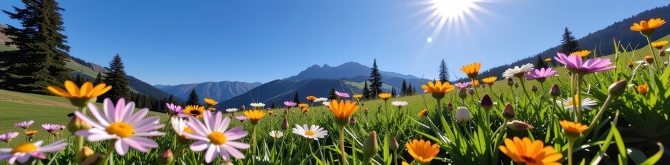 Obraz premium Sun-drenched mountain meadow bursts with vibrant wildflowers under a clear blue sky, tranquil, scenic