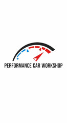 Performance Car Workshop Logo with Speedometer Gauge Design.