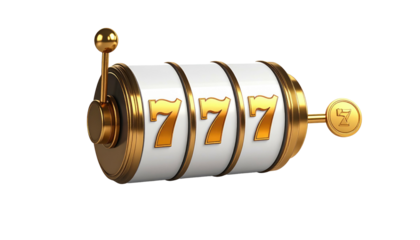 Golden rimmed, white-faced, three-dialed slot machine with three '7' icons, rendered against a plain black background