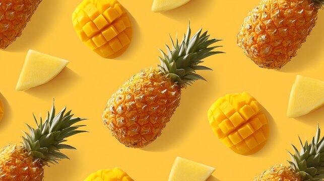 Pineapple and mango arrangement on yellow background