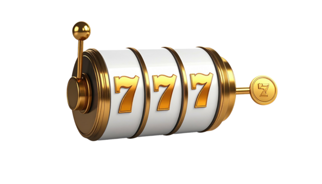 Golden rimmed, white-faced, three-dialed slot machine with three '7' icons, rendered against a plain black background