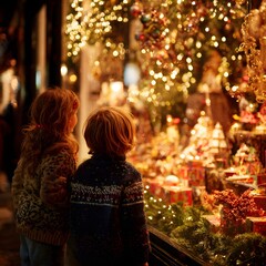 Family Gathering Around Beautifully Decorated Christmas Dinner Table with Lights