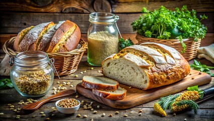 Rustic wooden table setting with freshly baked artisan bread loaves whole grains herbs and a jar of dressing evoking a sense of wholesome farm to table dining and natural ingredients