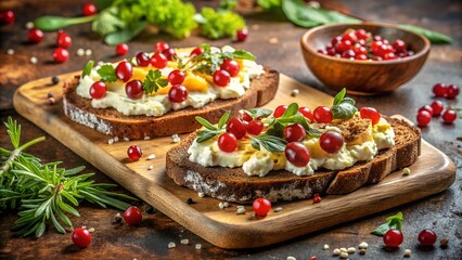 Delicious open faced sandwiches topped with creamy egg salad fresh herbs and vibrant red cranberries served on rustic whole grain bread for a healthy breakfast or brunch