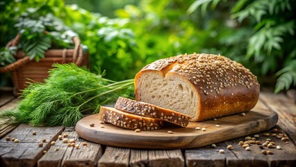Deliciously crusty artisan sourdough bread with visible seeds and herbs sliced on a rustic wooden board in a natural garden setting