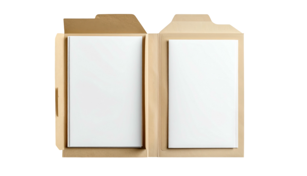 Open brown cardboard mailer with two white rectangular items inside, top view against a black background