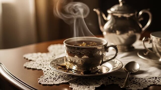 Steaming Silver Teacup and Teapot on Lace Doily