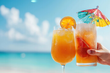 Tropical cocktails with orange slices and umbrellas on sunny beach