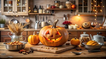 Spooky jack o lantern pumpkin carved with a scary face glowing warmly on a wooden table in a rustic kitchen decorated for halloween