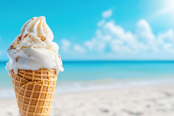 Melting ice cream cone in summer heat with beach background