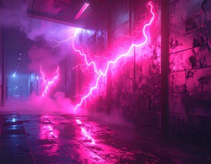Fototapeta premium Interior hallway with electrical strikes and neon pink lighting