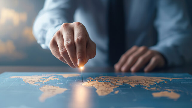 Person placing pin on world map, symbolizing travel planning or global strategy