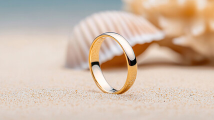 Gold wedding ring on sandy beach with seashell in background, symbolizing love and commitment