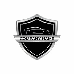 Sleek Silver and Black Automotive Shield Logo with Modern Sports Car Silhouette.