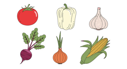 Fototapeta premium A collection of fresh, colorful vegetables including tomato, bell pepper, garlic, beetroot, onion, and corn on a white background.