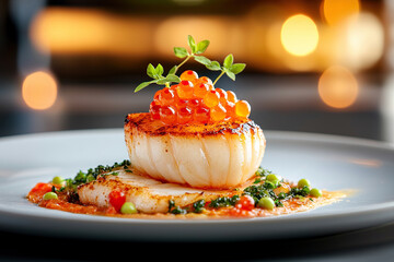 Seared scallop topped with salmon roe on bed of vegetable puree, garnished with herbs