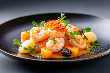 Gourmet seafood dish featuring shrimp, roe, and fresh herbs on black plate, creating vibrant presentation