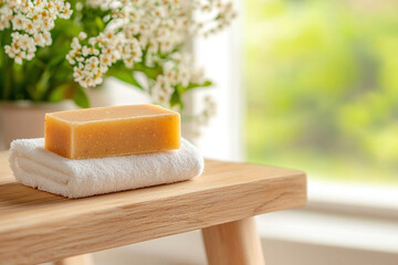 Handmade eco friendly soap bar on towel with flowers in background