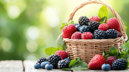 Woven basket filled with fresh berries including strawberries, blackberries, and blueberries on wooden table