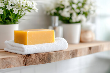 Handmade eco friendly soap bar rests on towel in serene bathroom setting