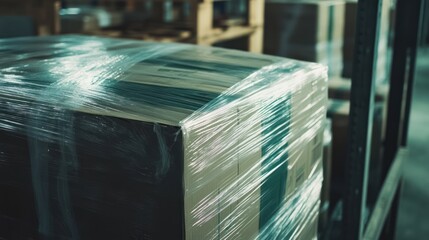 packaged boxes ready for shipment, wrapped in transparent plastic film for protection, ensure safe delivery with this efficient wrapping method