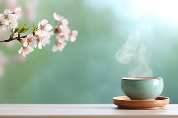 Steaming cup of tea on wooden tray beside cherry blossoms, evoking tranquility
