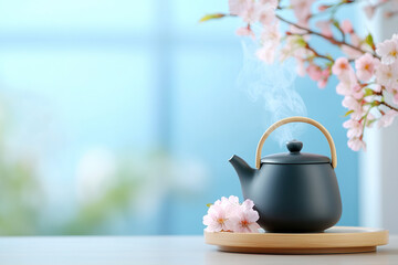 Steaming black teapot with wooden handle sits on tray beside cherry blossoms