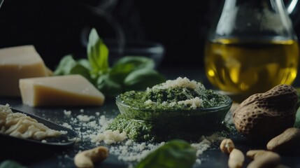 an elegant presentation of homemade pesto with parmesan cheese, fresh basil, and olive oil creates a tantalizing culinary delight