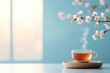 Steaming cup of tea on wooden saucer with cherry blossoms in background, creating serene atmosphere