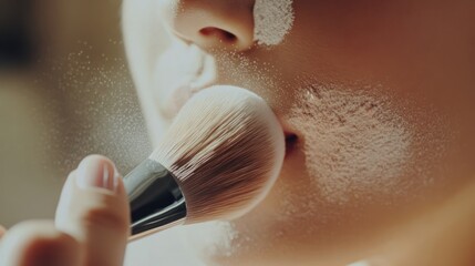 application of soft translucent powder for finishing touches, enhancing skin texture and appearance with meticulous precision and gentle application