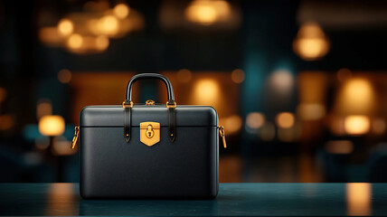 Elegant black leather briefcase with gold clasps on blurred background, exuding sophistication