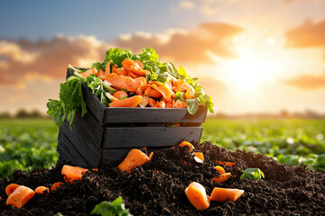 Wooden compost bin filled with fresh food scraps sits on rich soil in field at sunset