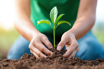 Person gently planting young tree in soil, symbolizing growth and care