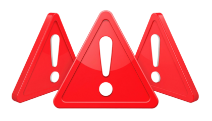 Trio of shiny red triangle warning signs featuring a central exclamation point on a black background