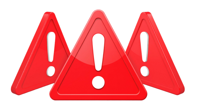 Trio of shiny red triangle warning signs featuring a central exclamation point on a black background