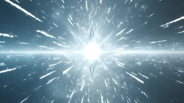 A brilliant star-like form radiates intense light and horizontal glare across a serene atmospheric expanse Faint wispy patterns float in the soft blue-grey backdrop