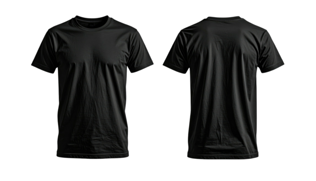 Black t-shirt. Front and back views on a dark background with good lighting. Simple, plain clothing for mockup use