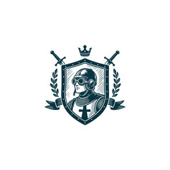 Obraz premium Unique, stylized illustration of a futuristic knight or crusader bust set inside a shield emblem. The figure wears chainmail and a helmet with modern pilot goggles, combining medieval and steampunk