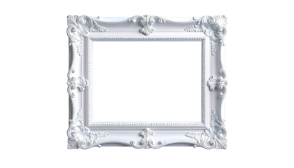 Ornate, white, decorative picture frame with baroque-style flourishes, isolated on a black background with transparency