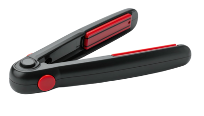 Black and red hair straightener is slightly open, positioned on a dark background, capturing its smooth design
