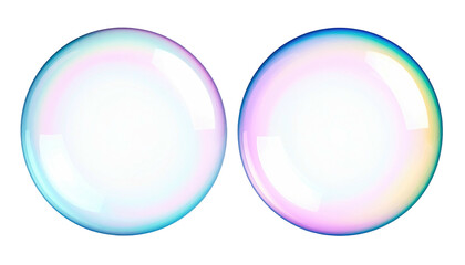 Fototapeta premium Two iridescent bubbles against a stark black background, showing delicate reflections of color in transparent spheres