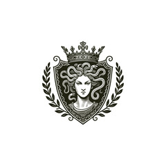 Obraz premium Dark and dramatic woodcut style illustration of Medusa's head, the Greek Gorgon, featuring snakes as hair. The fierce portrait is set within a decorated shield and crowned with a royal tiara