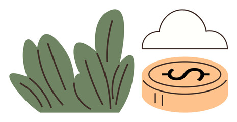 Coin with dollar sign, green leaves, and cloud symbolizing money savings, growth, sustainability, and economy. Ideal for finance, wealth, investment eco-friendly initiatives prosperity planning