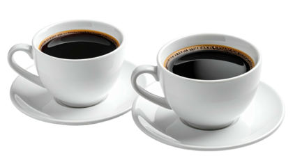 Two white coffee cups filled with black coffee on saucers, against a dark, plain backdrop