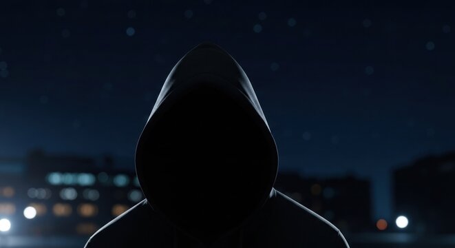 Hooded silhouette against starry night sky and blurred cityscape